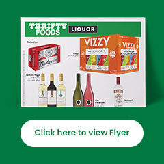 An image showing the Thrifty food liquor logo with drinks bottles along with the 'Click here to view Flyer' button at the bottom.